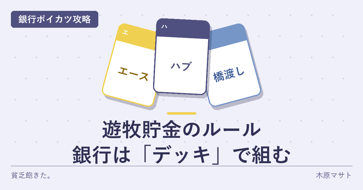 遊牧貯金のルール|銀行口座をカードゲームのデッキ(エース・ハブ・橋渡しの3役割)で組み立てるイメージ