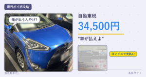 青いトヨタシエンタの正面写真と自動車税納税通知書34,500円のアイキャッチ。コンビニで支払い、車が払えよ、俺が払うんやけ?のフキダシ入り。yagi が今年イオンカードセレクトでモバイルWAONチャージしてミニストップで払った体験談記事のアイキャッチ。