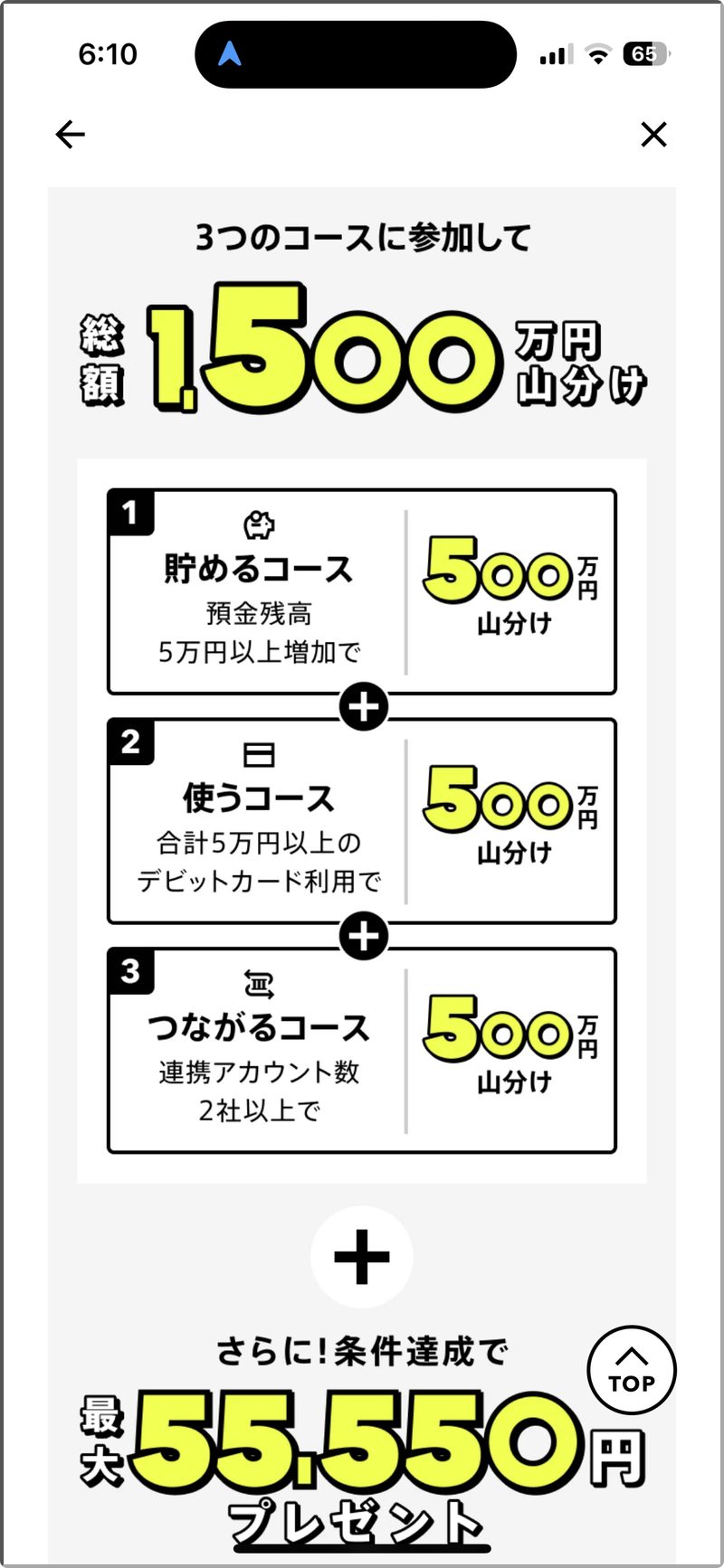 みんなの銀行5周年感謝祭3コース図解。1,500万円山分け、最大55,550円。
