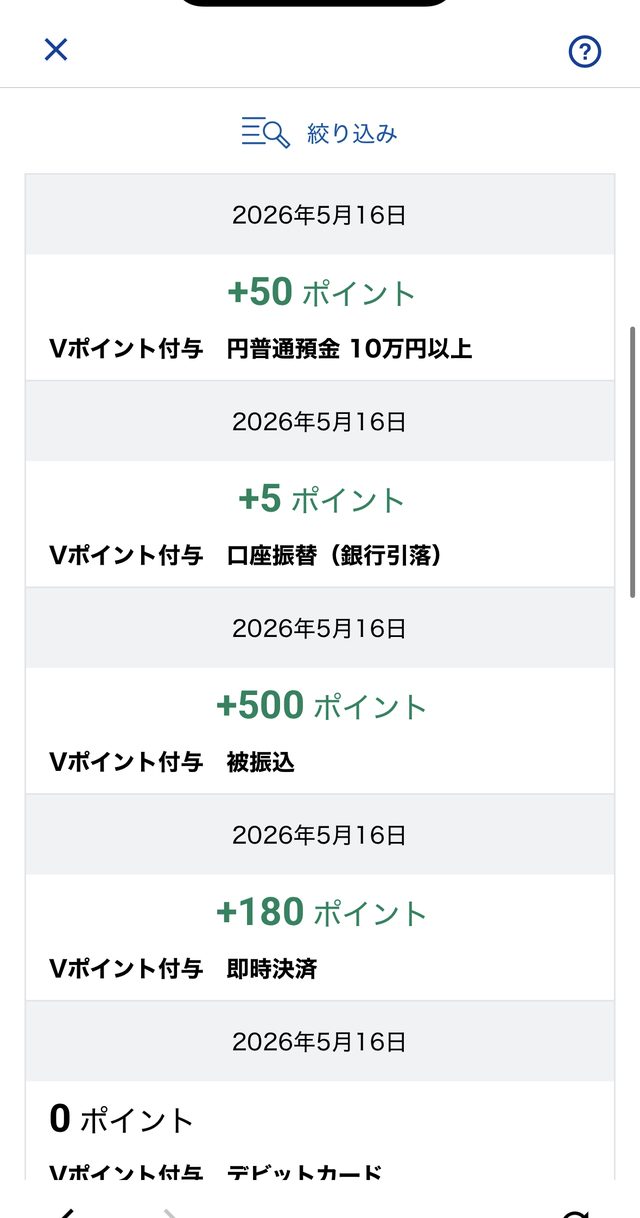 V NEOBANKのVポイント付与履歴。被振込500pt・即時決済180pt・円普通預金残高50pt・口座振替5ptが並ぶ実画面