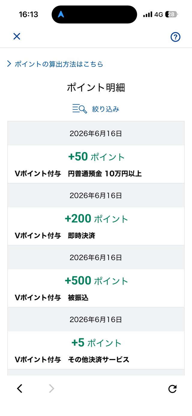 V NEOBANKのVポイント明細。被振込+500、即時決済+200、円普通預金10万円以上+50、その他決済サービス+5