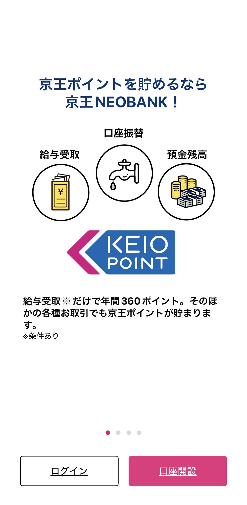 京王NEOBANKアプリの初回画面。京王ポイントを貯めるなら京王NEOBANKの訴求と給与受取・口座振替・預金残高のアイコン