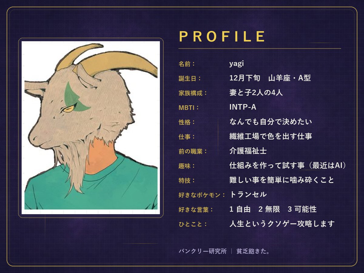 yagiのプロフィールカード。名前yagi、12月下旬生まれ、繊維工場で色を出す仕事、前の職業は介護福祉士、趣味は仕組みを作って試す事