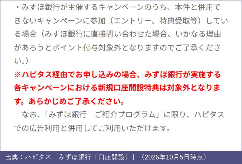 ハピタスのみずほ銀行「口座開設」のポイント却下条件。ハピタス経由でお申し込みの場合、みずほ銀行が実施する各キャンペーンにおける新規口座開設特典は対象外。みずほ銀行ご紹介プログラムに限り併用可能